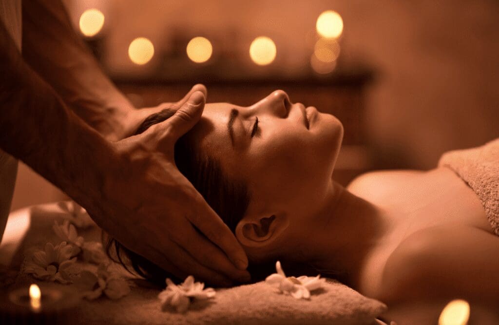 Woman enjoying relaxing Head Massage Chermside. Indian Head Massage. Head Massage Near Me. Brisbane Livewell Clinic.