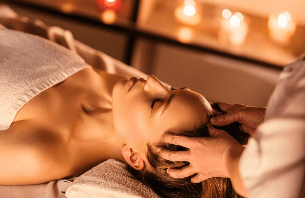 Woman receiving a relaxing head Massage Chermside West. Indian Head Massage. Massage Therapist Cannon Hill. Massage Near Me. Brisbane Livewell Clinic