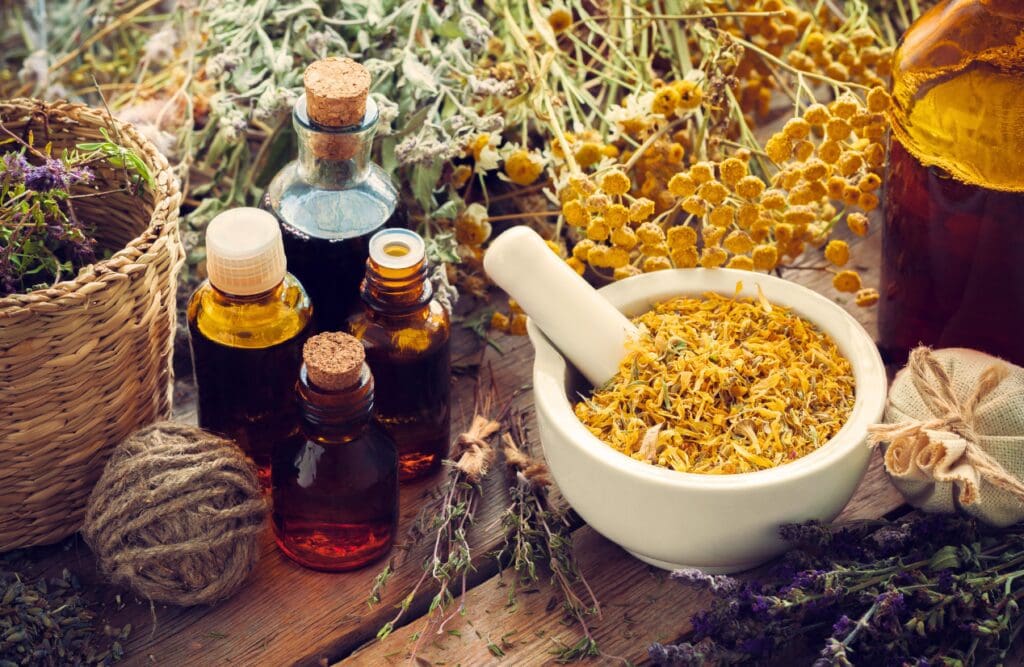 Bottels of herbal medicine and dried flowers. Nutrition and Naturopath. Natural Dispensary. Brisbane Livewell Clinic
