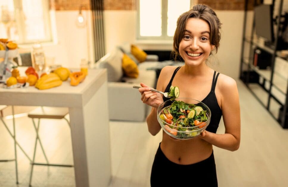 Woman eating healthy food at home. Dietician Brisbane. Healthy diet. Spring Detox. Clinical Nutritionist Seven Hills. Brisbane Livewell Clinic