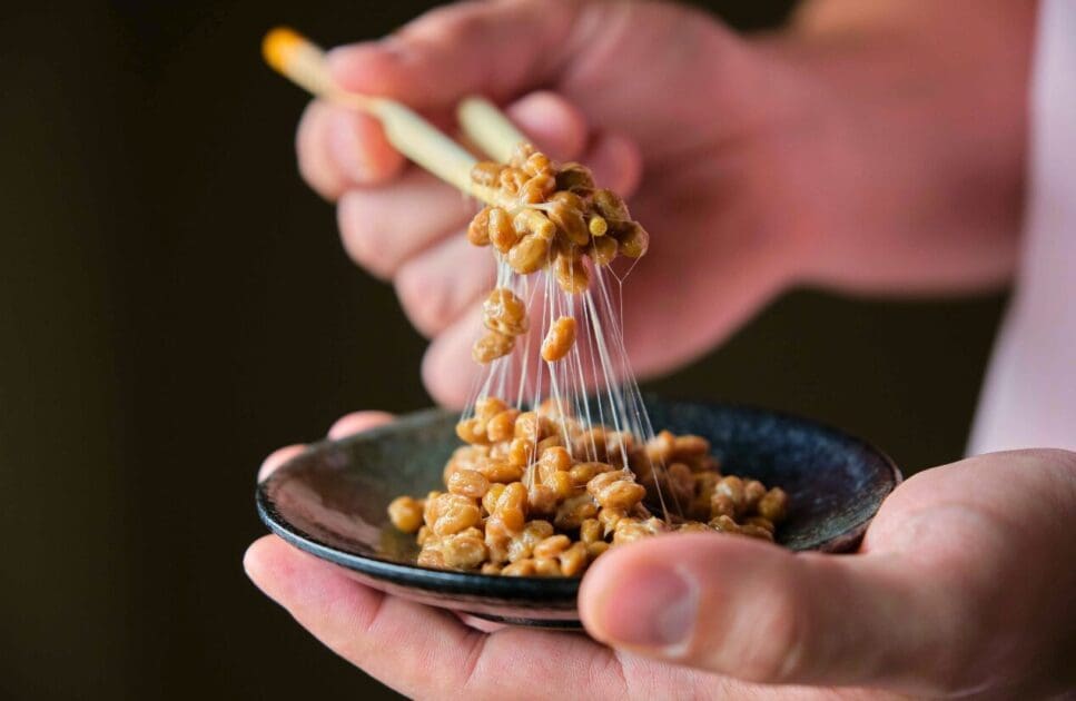 Person holding a chopsticks with natto fermented soy beans. Plant Based Foods. Fermented Foods. Brisbane Livewell Clinic