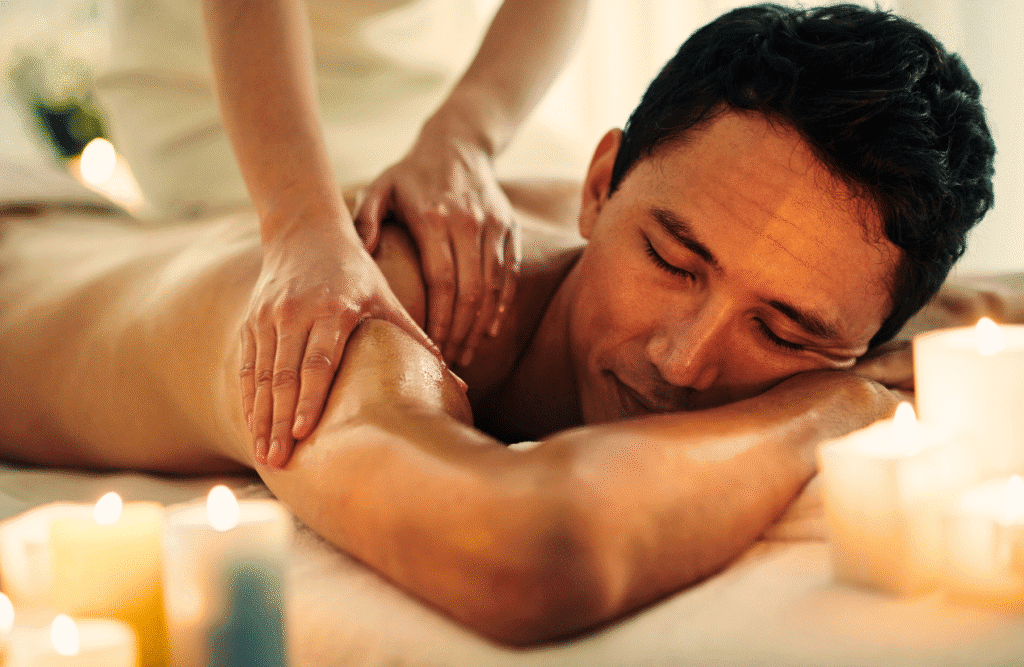 Man enjoying a therapeutic massage. Massage Therapist Brisbane. Full Body Massage Brisbane. Massage Clayfield. What is Lymphatic Drainage Massage. Massage Near Me. Brisbane Livewell Clinic