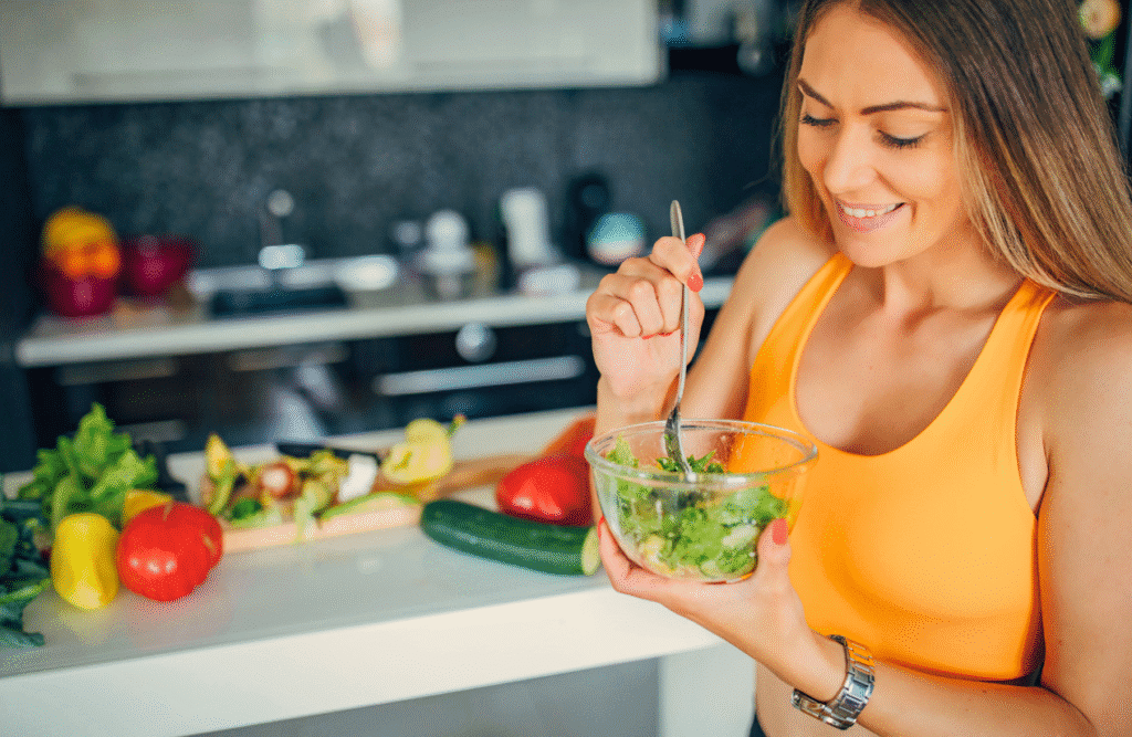 Woman eating healthy vegetable salad for breakfast. Mood & Food. Healthy Food. Healthy diet. DUTCH Hormone Test Providers Near Me. Weight Gain. Hyperthyroidism. How long does it take to detox heavy metals from the body. Clinical Hypnotherapy Brisbane for IBS. Brisbane Livewell Clinic