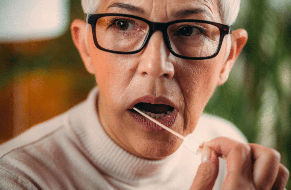 Woman doing at saliva test at home. Test Cortisol at Home. Brisbane Livewell Clinic