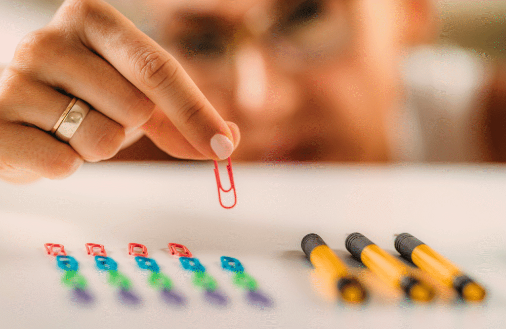 Woman placing paperclips in a straight line. Obsessive- Compulsive Disorder (OCD). Brisbane Livewell Clinic