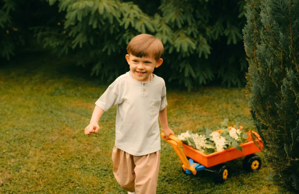 Smiling little boy walking with his trailer toy in the garden. Obsessive- Compulsive Disorder (OCD). Brisbane Livewell Clinic