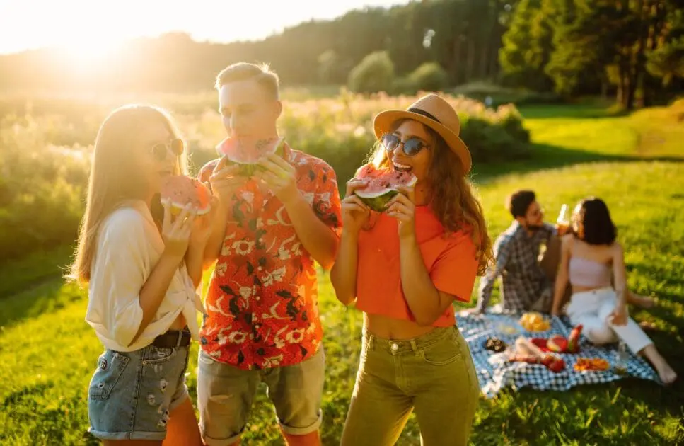 Friends eating fruits in the park. Treating Depression with Naturopathy. Clinical Nutritionist Morningside. Brisbane Livewell Clinic