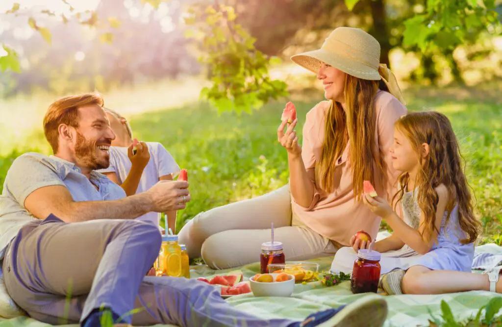 Family sitting on a picnic blanket, eating fruits. Counselling Cannon Hill. Clinical Nutritionist Cannon Hill. Brisbane Livewell Clinic