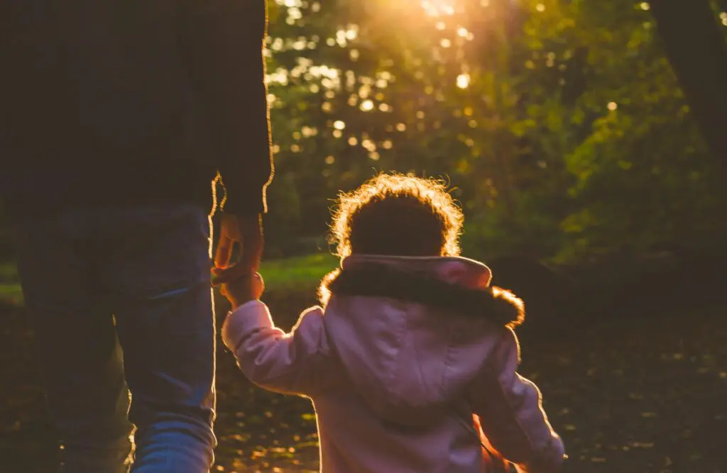 Father and child enjoy a peaceful walk in the woods as the sun sets. Counselling Nundah. Brisbane Livewell Clinic